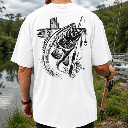 Largemouth Bass Fishing Rod Vintage Graphic T-Shirt | Back Print