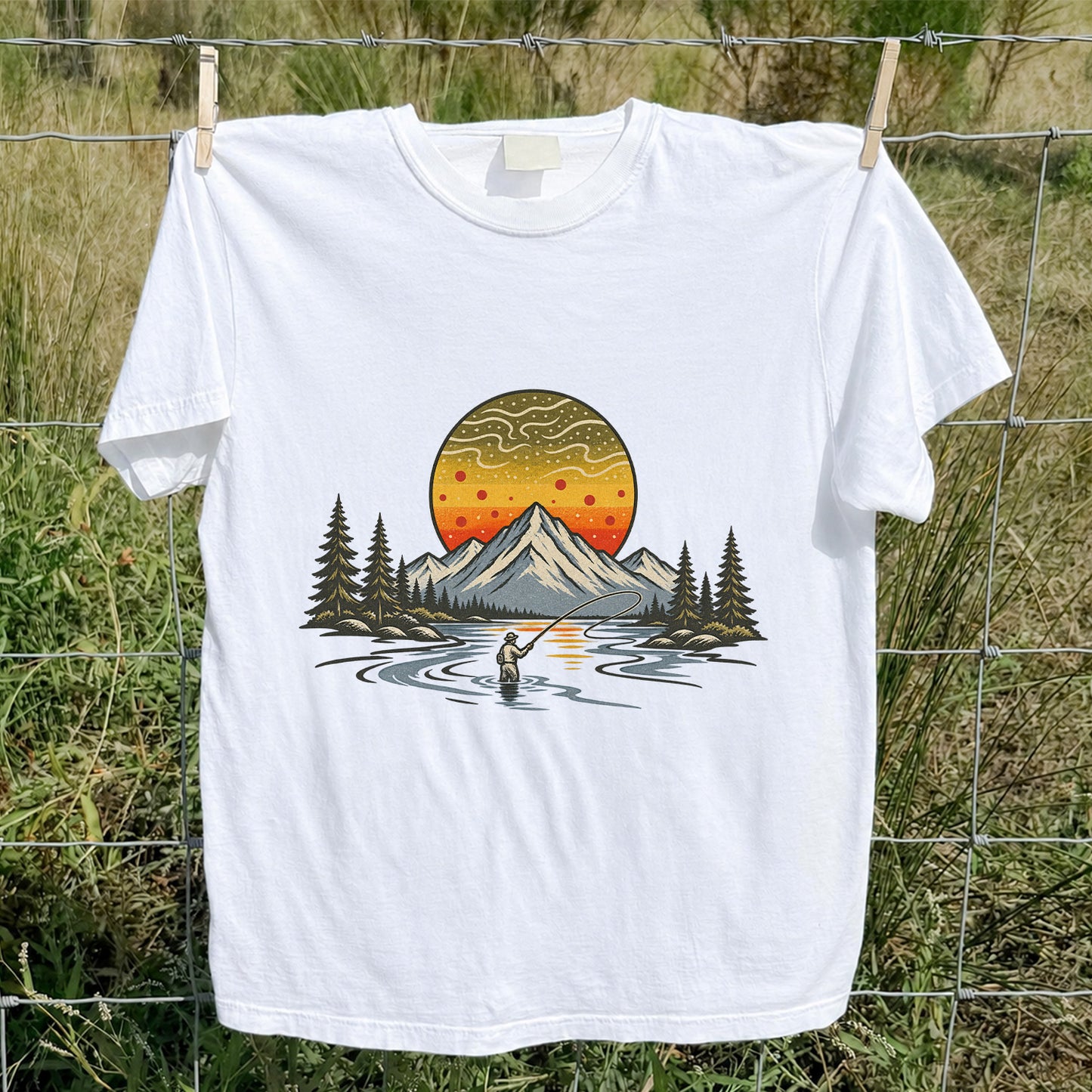 Mountain Sunset Fly Fishing Angler Graphic T-Shirt