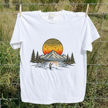 Mountain Sunset Fly Fishing Angler Graphic T-Shirt