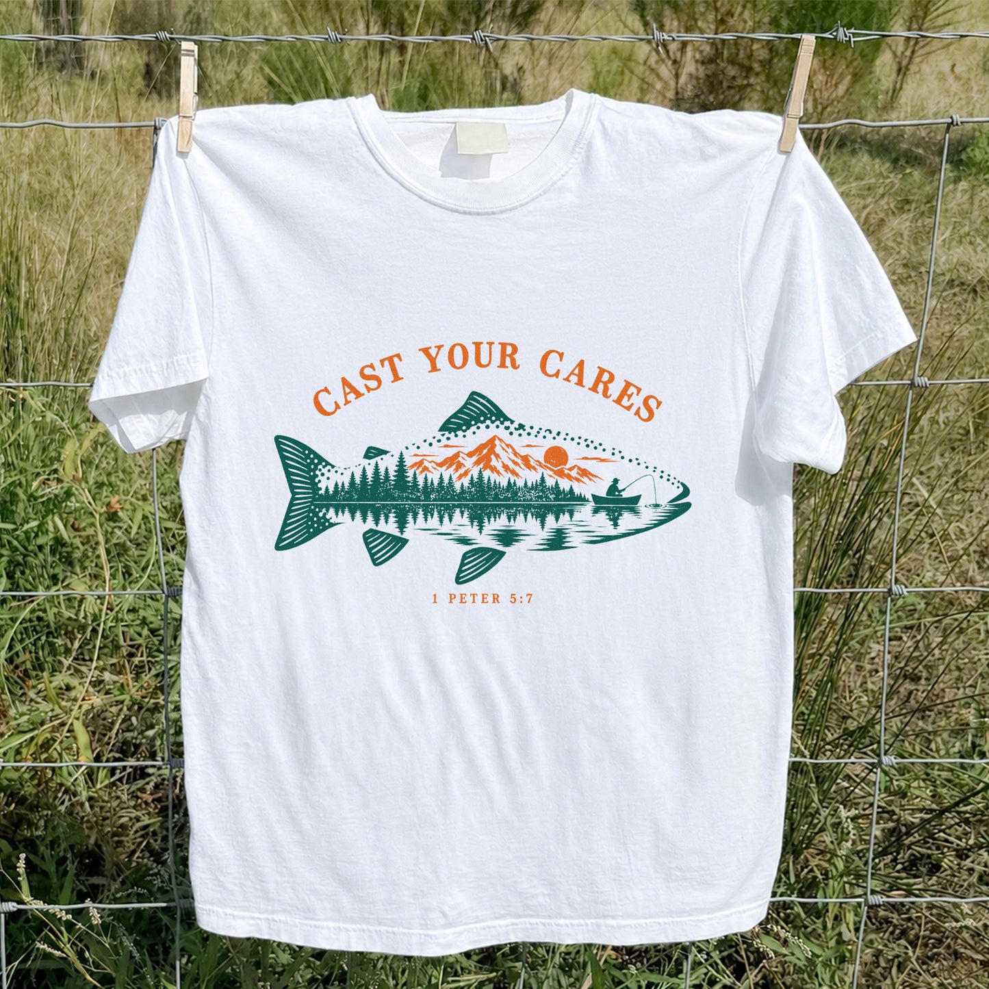 Cast Your Cares 1 Peter 5:7 Fish Silhouette Mountain Lake Fishing T-Shirt