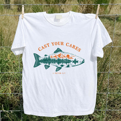 Cast Your Cares 1 Peter 5:7 Fish Silhouette Mountain Lake Fishing T-Shirt