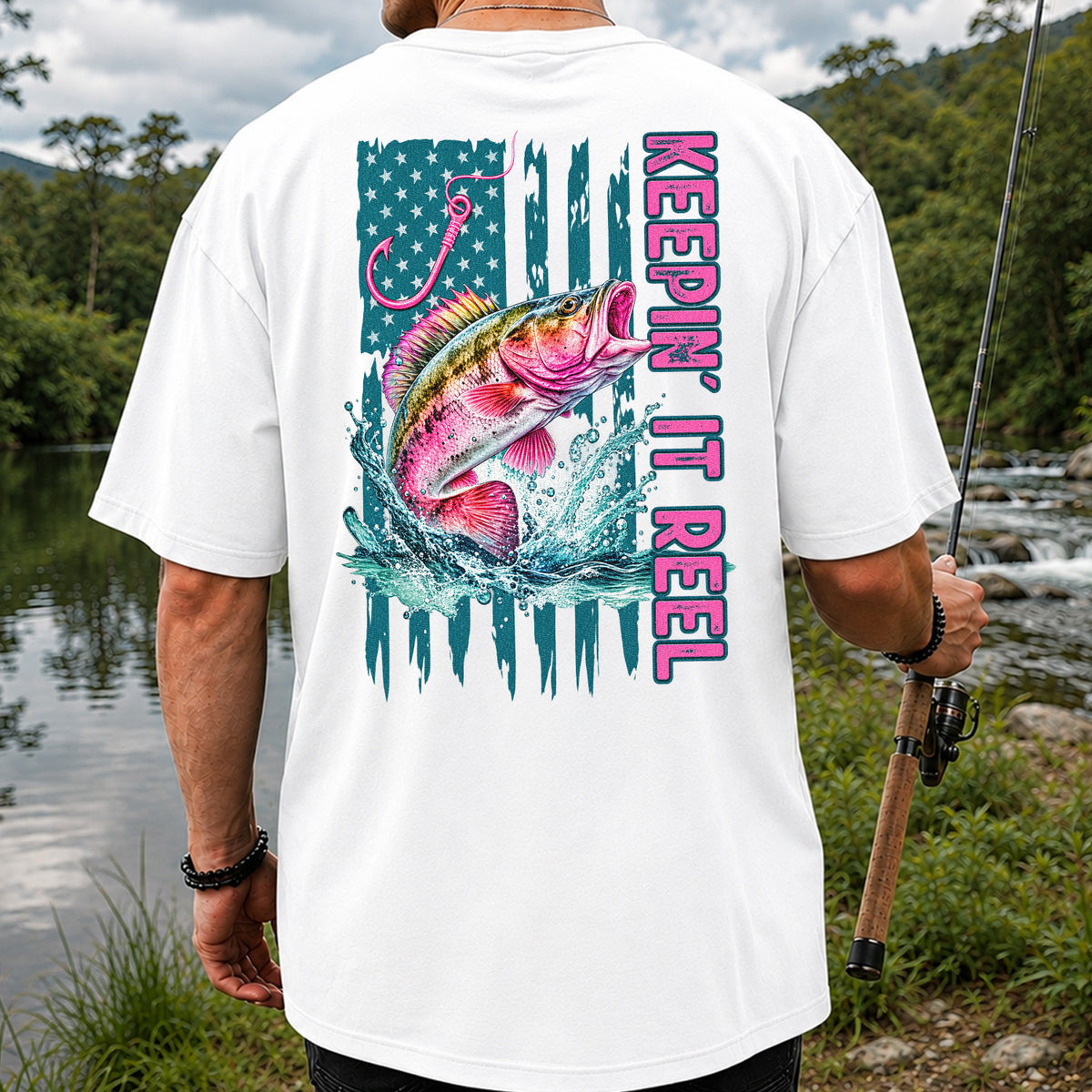 Keepin' It Reel Bass Fishing American Flag Graphic T-Shirt | Back Print