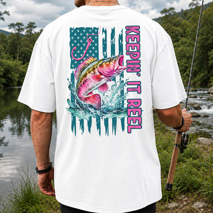 Keepin' It Reel Bass Fishing American Flag Graphic T-Shirt | Back Print