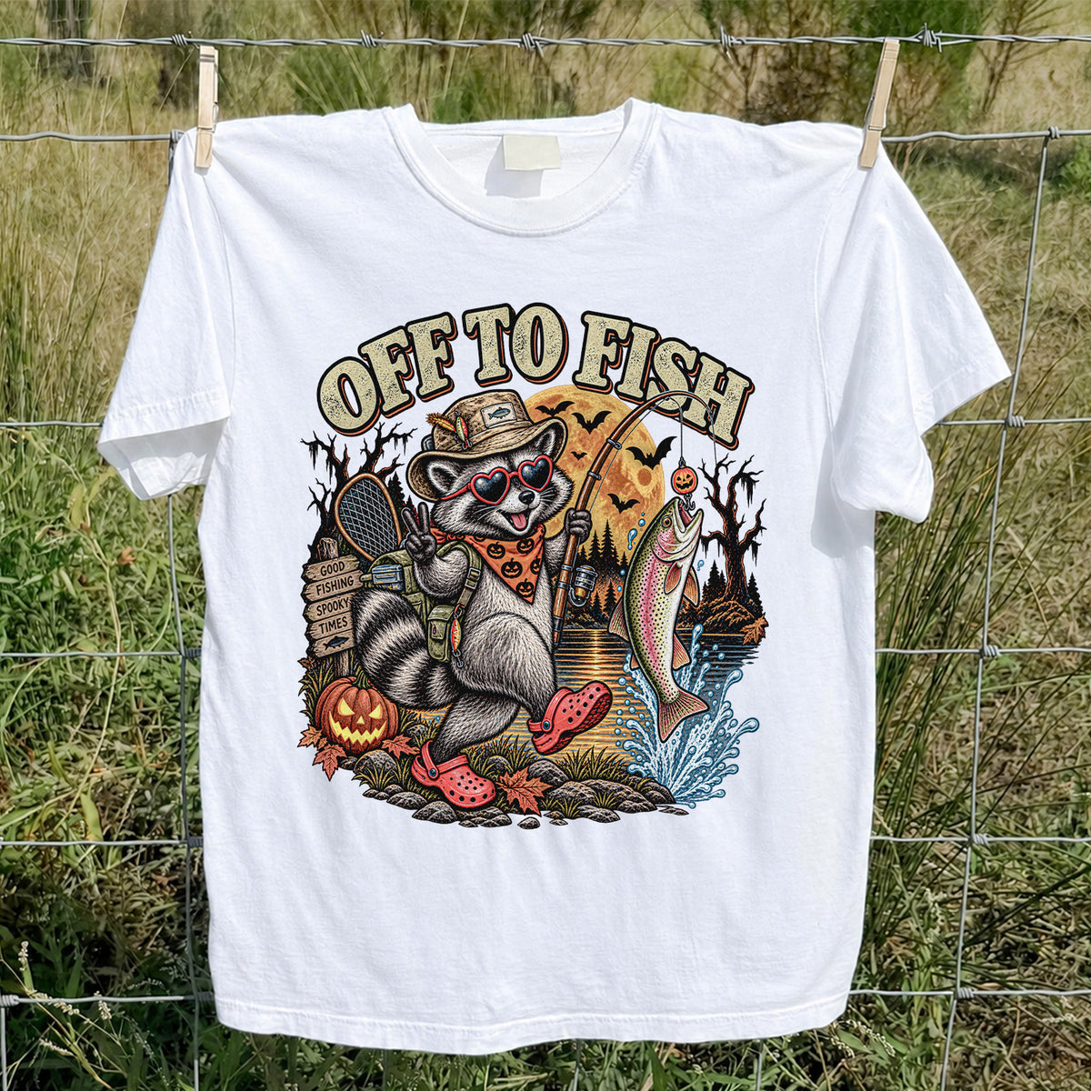 Off to Fish Raccoon and Trout Halloween T-Shirt - Good Fishing Spooky Times