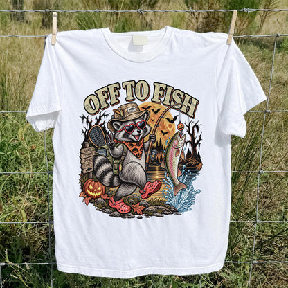 Off to Fish Raccoon and Trout Halloween T-Shirt - Good Fishing Spooky Times