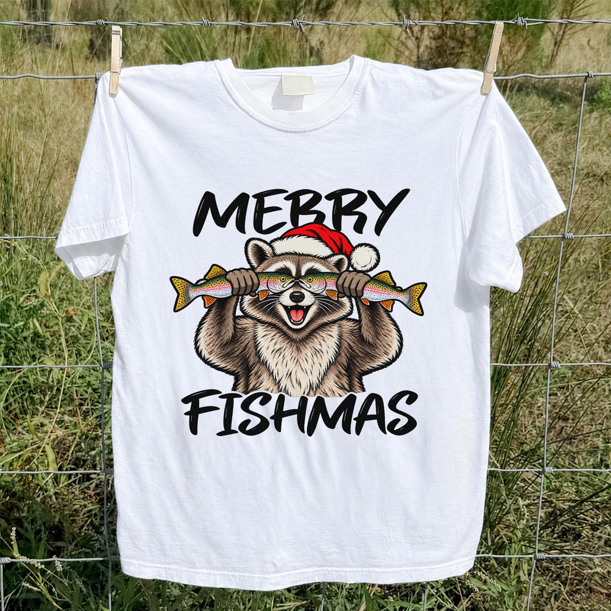 Merry Fishmas Raccoon Rainbow Trout Christmas Fishing T-Shirt