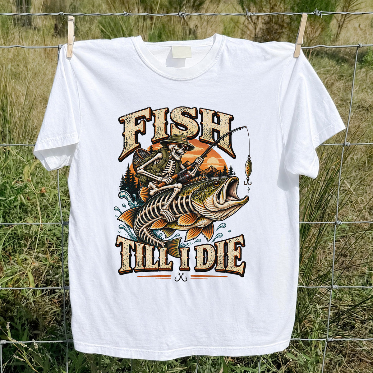 Fish Till I Die Skeleton Riding a Largemouth Bass Fishing T-Shirt