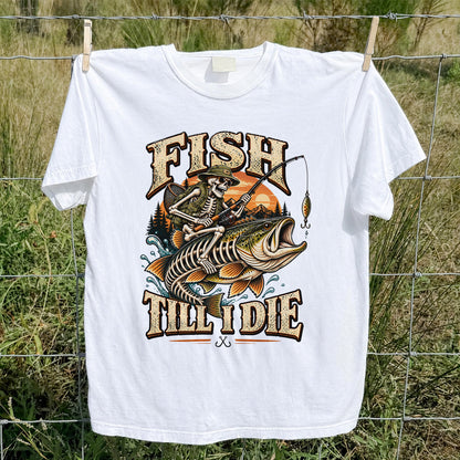 Fish Till I Die Skeleton Riding a Largemouth Bass Fishing T-Shirt