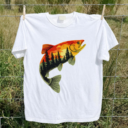 Sunset Forest Trout Fishing Graphic T-Shirt