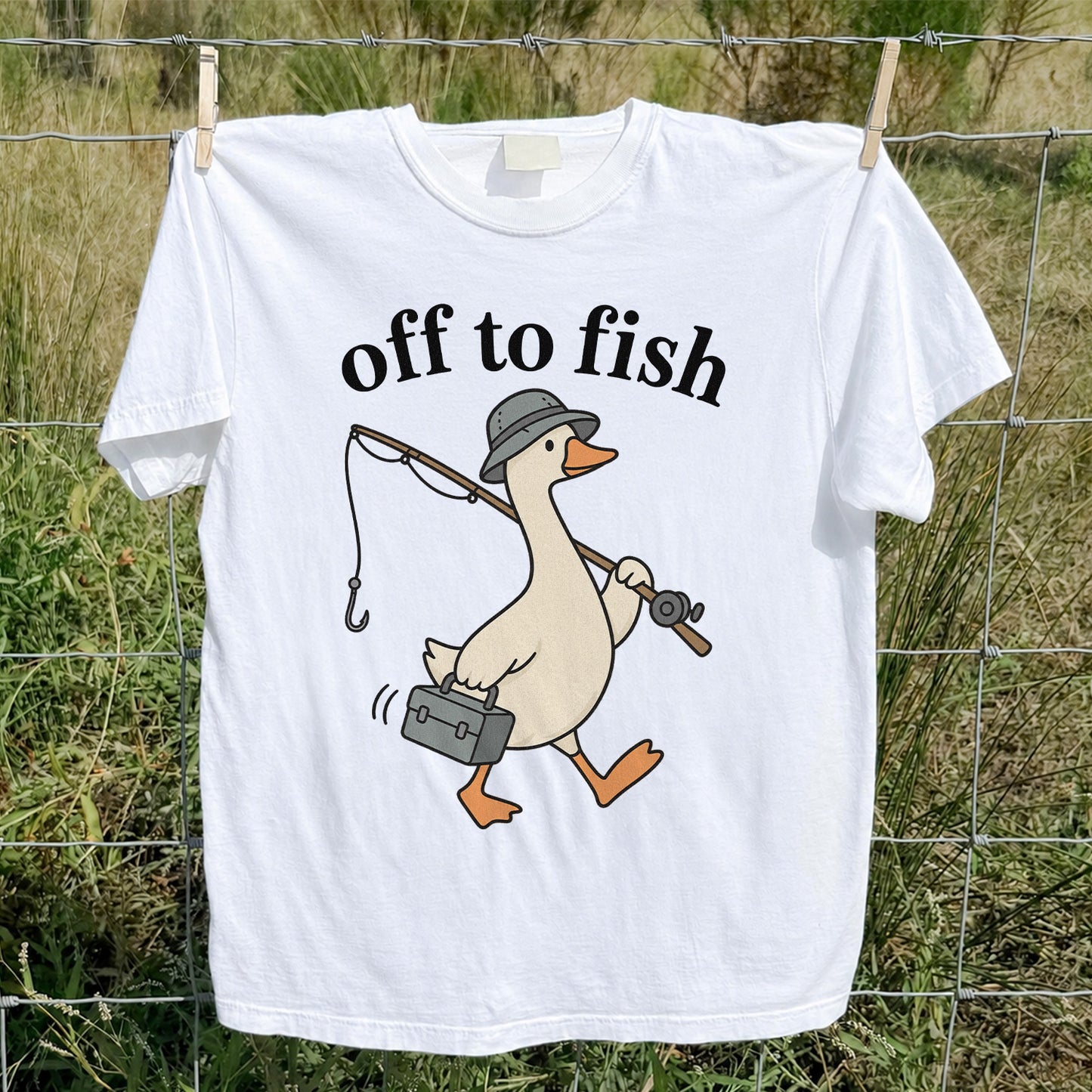 Off to Fish Funny Fishing Goose Graphic T-Shirt