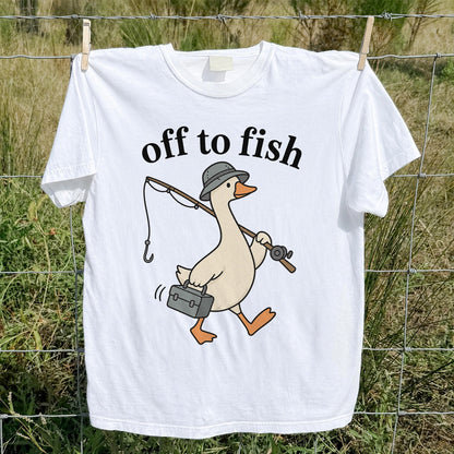 Off to Fish Funny Fishing Goose Graphic T-Shirt