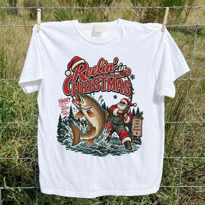 Reelin' in Christmas Santa and Rainbow Trout Fishing T-Shirt