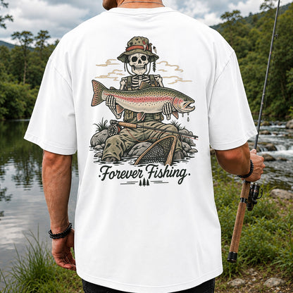 Forever Fishing Skeleton Holding Rainbow Trout Graphic T-Shirt | Back Print
