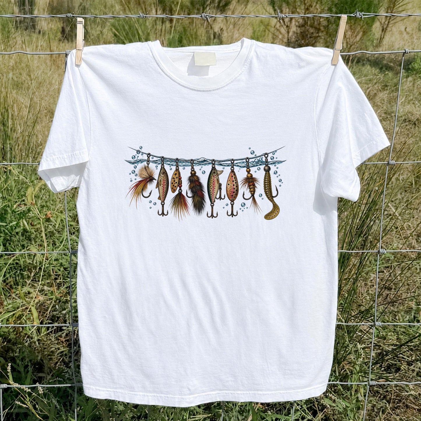 Vintage Fishing Lures Hanging from a Waterline Graphic T-Shirt
