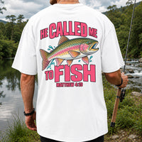 He Called Me to Fish Matthew 4:19 Rainbow Trout Christian Fishing T-Shirt | Back Print