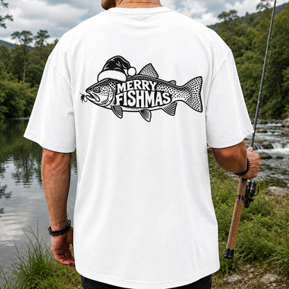Merry Fishmas Black and White Trout Christmas Fishing T-Shirt | Back Print