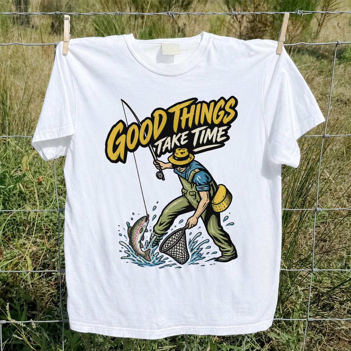 Good Things Take Time Rainbow Trout Fly Fishing Graphic T-Shirt