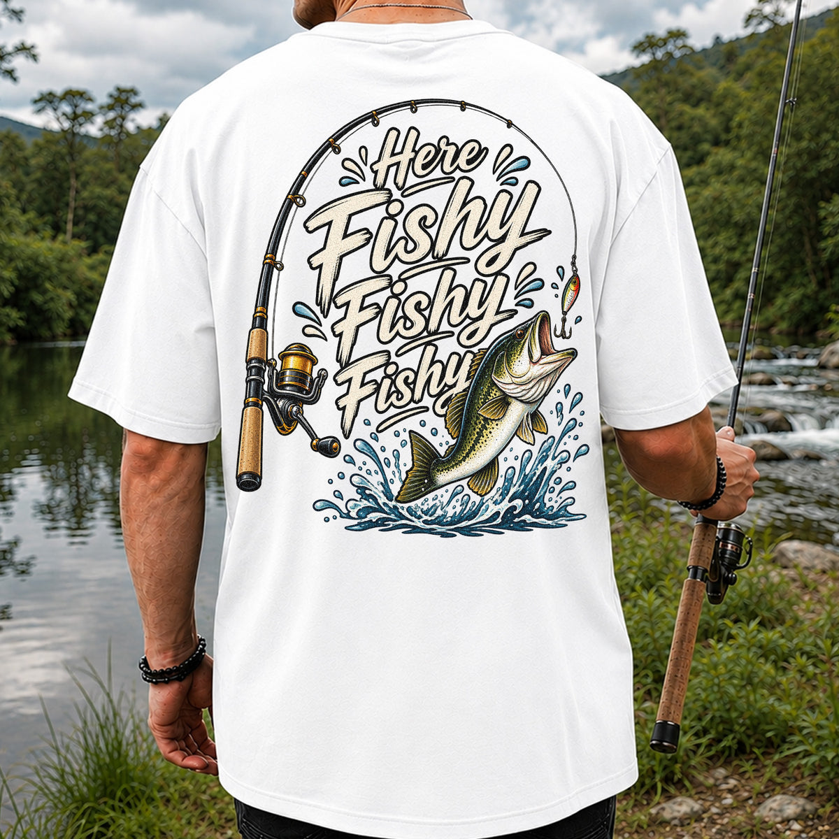 Here Fishy Fishy Fishy Funny Bass Fishing Graphic T-Shirt | Back Print