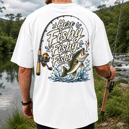 Here Fishy Fishy Fishy Funny Bass Fishing Graphic T-Shirt | Back Print