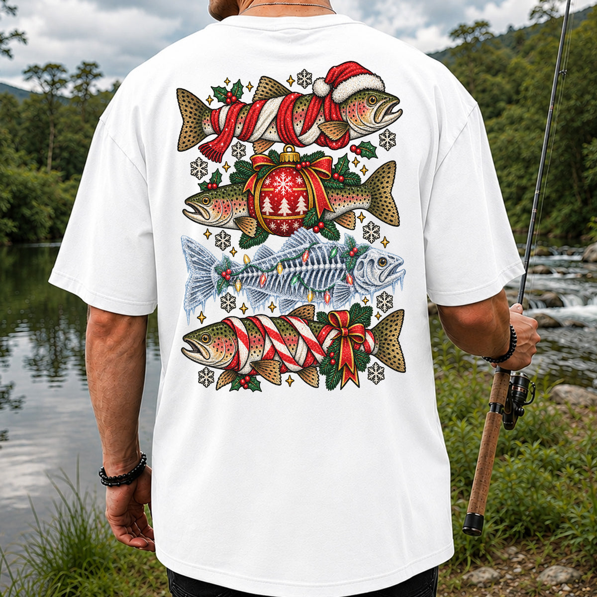 Christmas Rainbow Trout and Fish Skeleton Fishing Graphic T-Shirt | Back Print