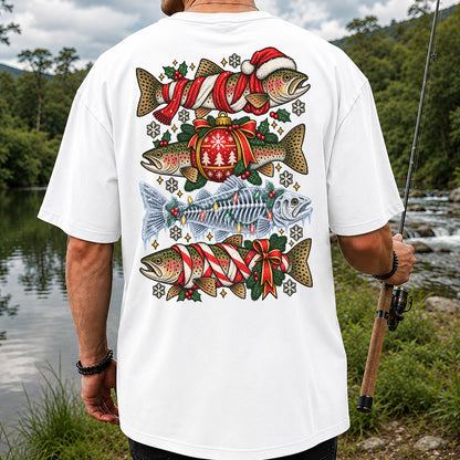 Christmas Rainbow Trout and Fish Skeleton Fishing Graphic T-Shirt | Back Print