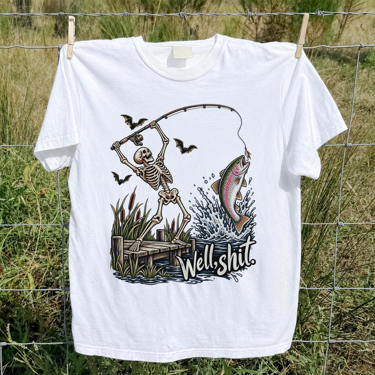 Well Shit Skeleton Catching a Rainbow Trout Funny Fishing T-Shirt