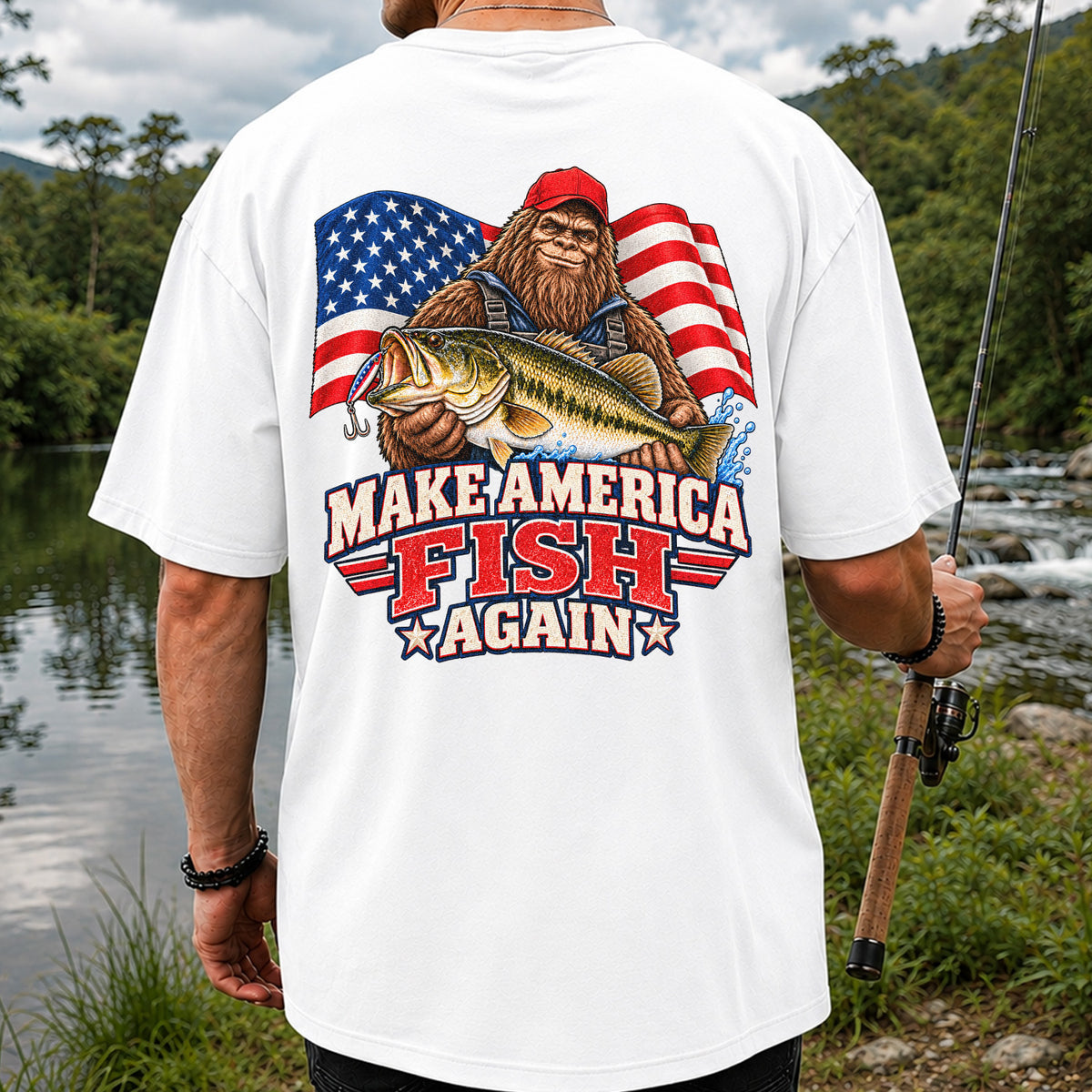 Make America Fish Again Bigfoot Bass Fishing T-Shirt | Back Print