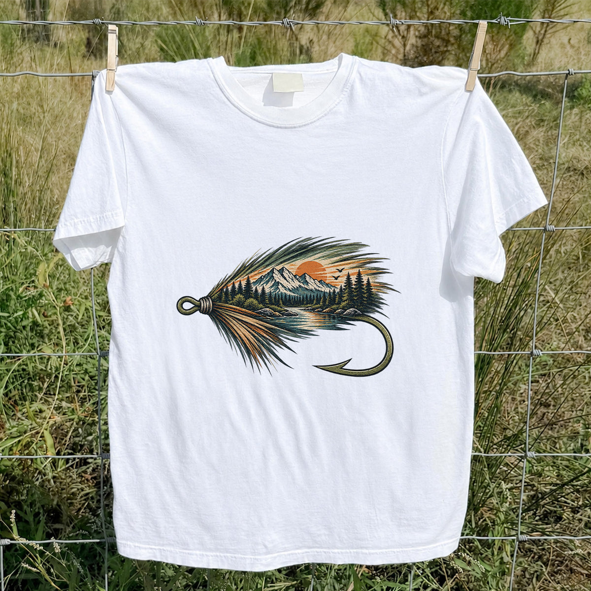 Mountain Lake Fly Fishing Hook Graphic T-Shirt