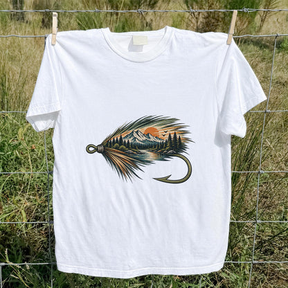 Mountain Lake Fly Fishing Hook Graphic T-Shirt