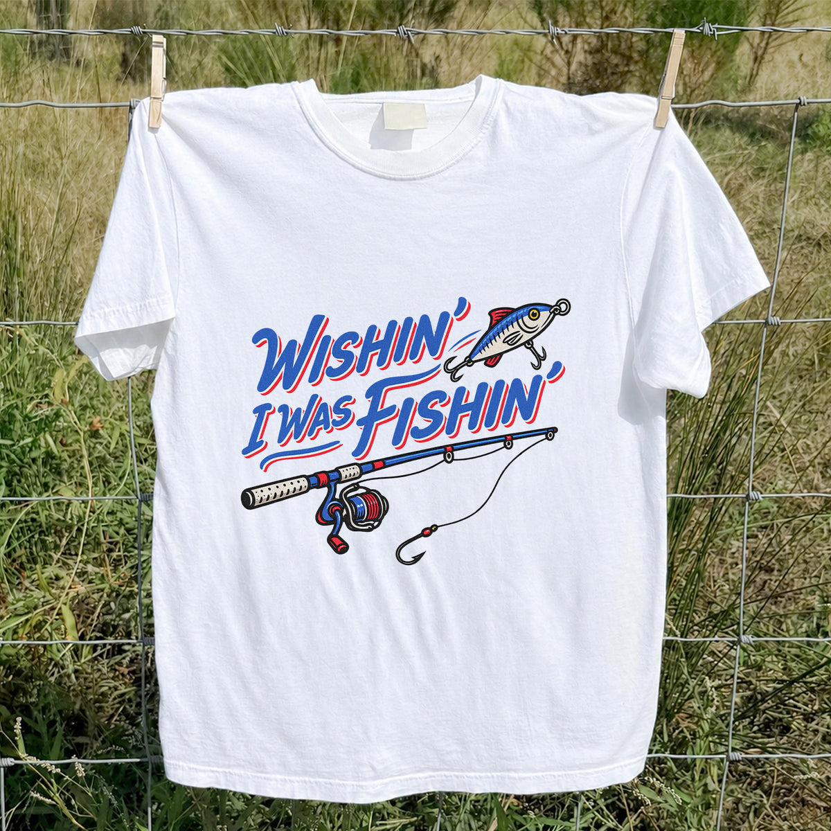 Wishin' I Was Fishin' Fishing Rod and Lure Graphic T-Shirt