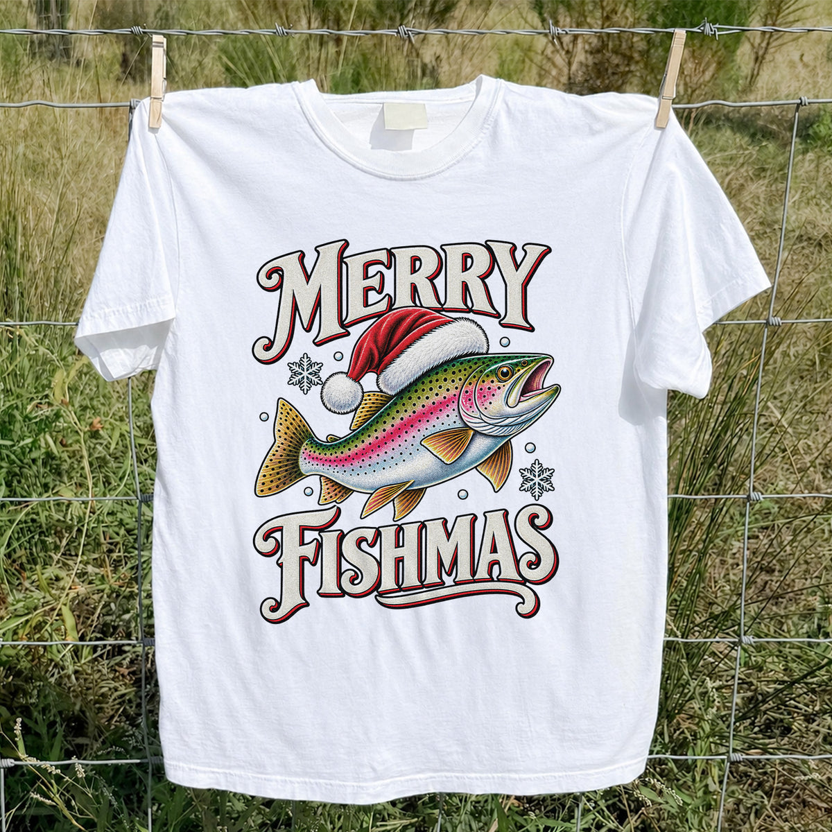 Merry Fishmas Rainbow Trout in a Santa Hat Christmas Fishing T-Shirt