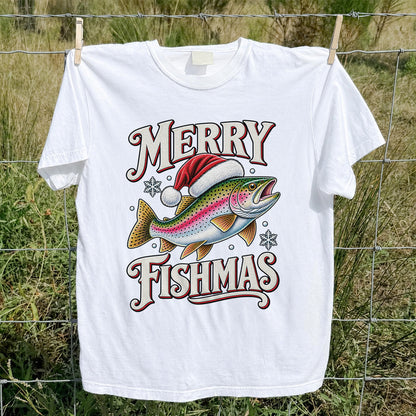 Merry Fishmas Rainbow Trout in a Santa Hat Christmas Fishing T-Shirt