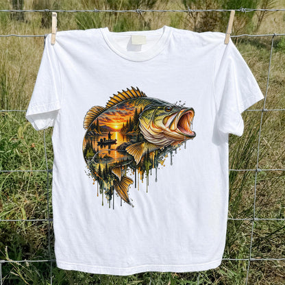 Largemouth Bass Sunset Lake Landscape Fishing Graphic T-Shirt