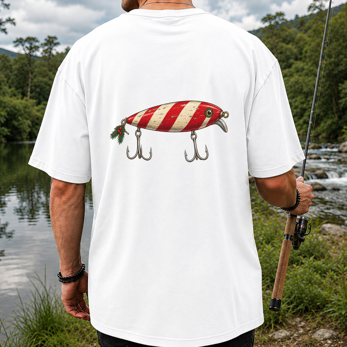 Vintage Red and Cream Fishing Lure Graphic T-Shirt | Back Print