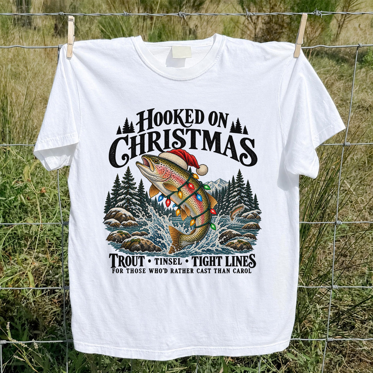 Hooked on Christmas Rainbow Trout Fishing Graphic T-Shirt