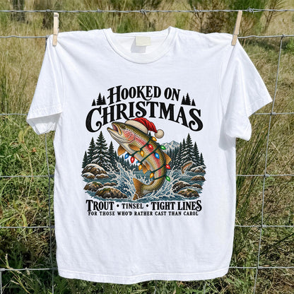Hooked on Christmas Rainbow Trout Fishing Graphic T-Shirt