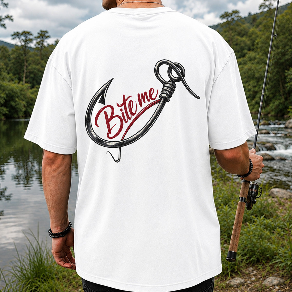 Bite Me Fishing Hook Funny Graphic T-Shirt | Back Print