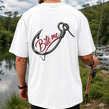 Bite Me Fishing Hook Funny Graphic T-Shirt | Back Print