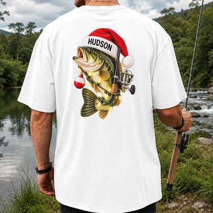 Hudson Santa Hat Bass Christmas Fishing Graphic T-Shirt | Back Print