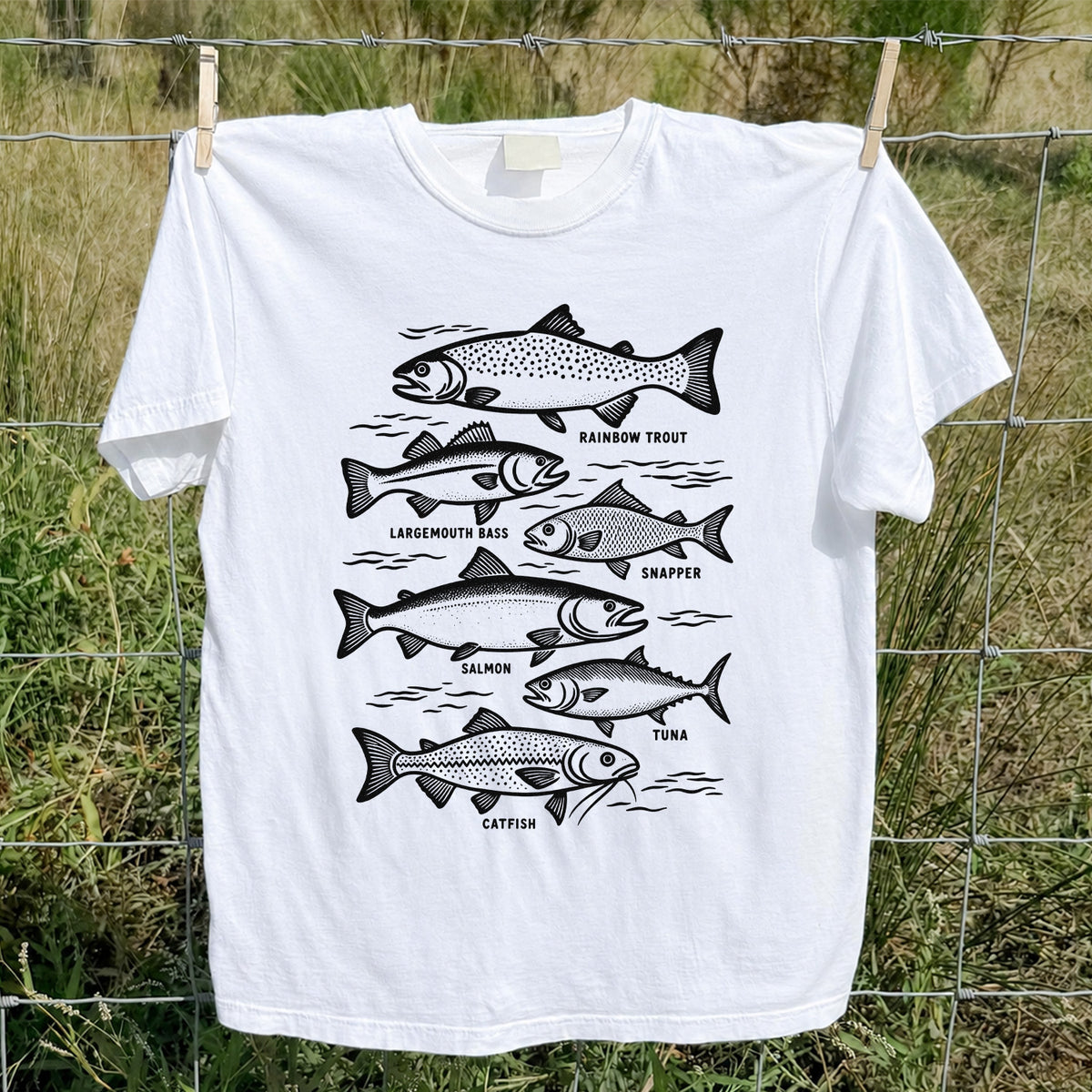 Rainbow Trout, Largemouth Bass, Snapper, Salmon, Tuna and Catfish Fishing Graphic T-Shirt