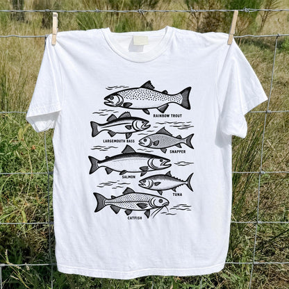 Rainbow Trout, Largemouth Bass, Snapper, Salmon, Tuna and Catfish Fishing Graphic T-Shirt