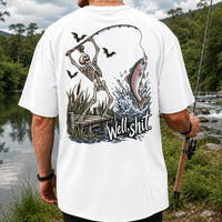 Well Shit Skeleton Catching a Rainbow Trout Funny Fishing T-Shirt | Back Print
