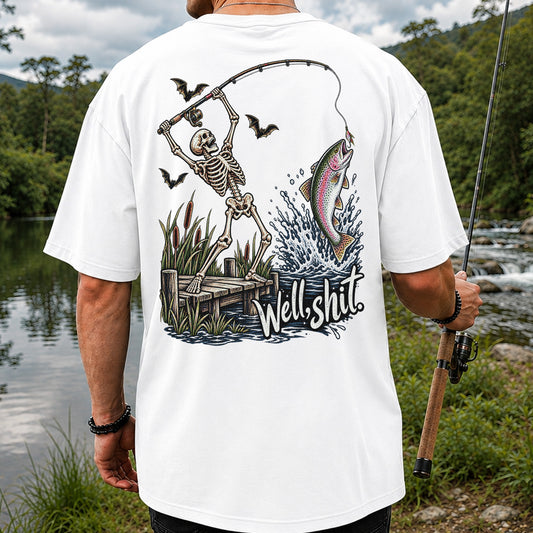 Well Shit Skeleton Catching a Rainbow Trout Funny Fishing T-Shirt | Back Print