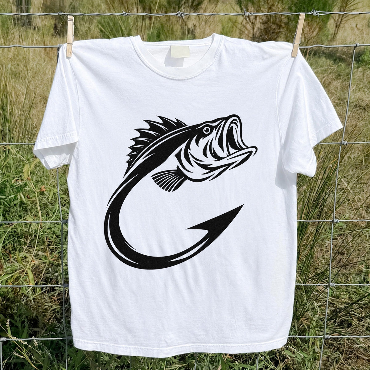 Bass Fish Hook Silhouette Fishing Graphic T-Shirt
