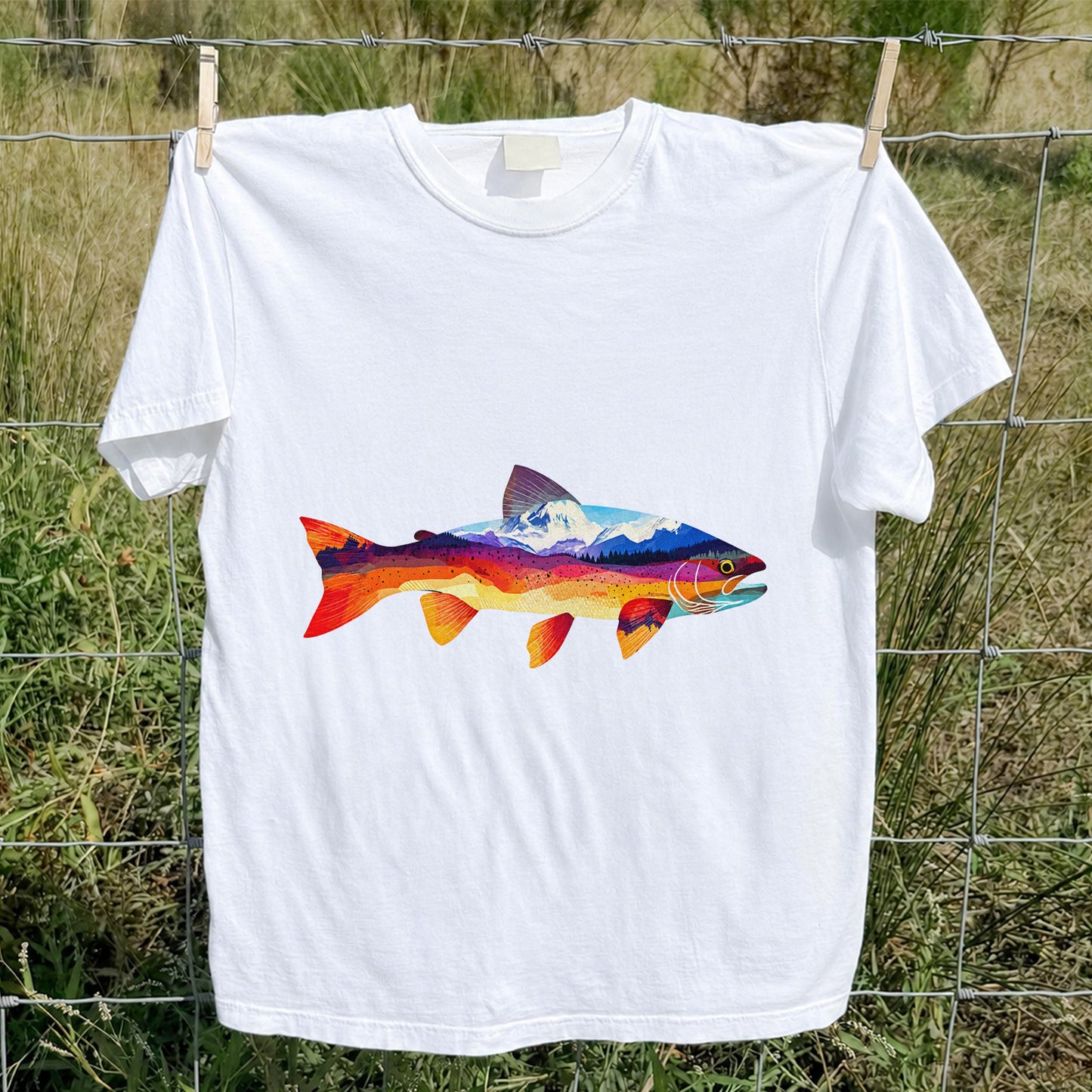 Mountain Sunset Trout Silhouette Fishing Graphic T-Shirt
