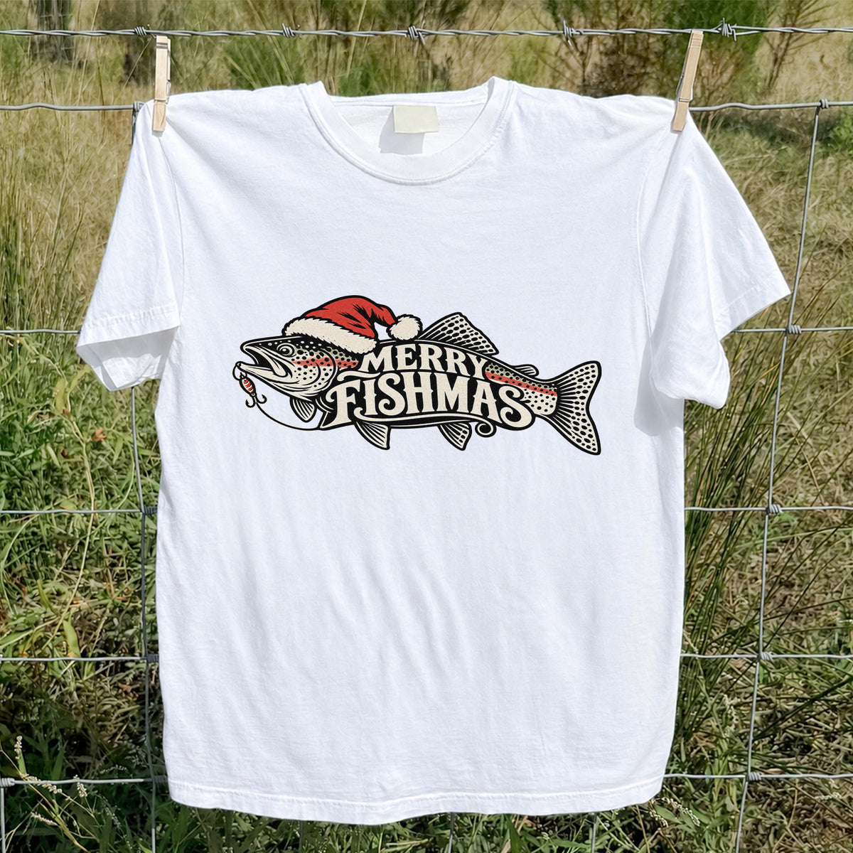 Merry Fishmas Rainbow Trout with Red Santa Hat and Lure Fishing T-Shirt