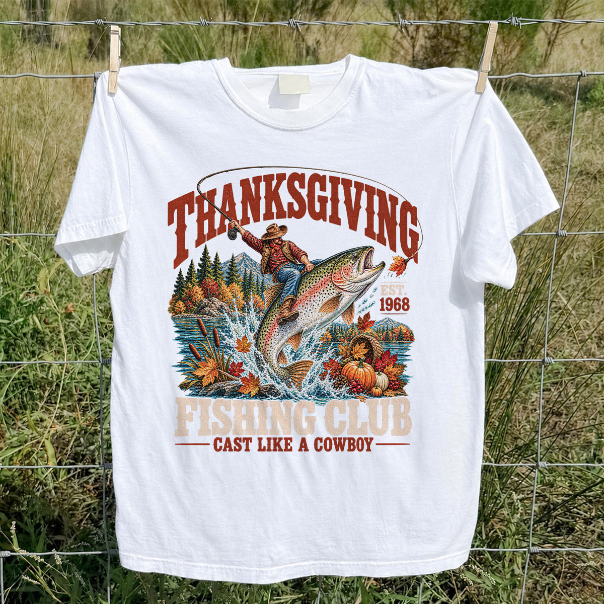 Thanksgiving Cowboy Trout Fishing Club Graphic T-Shirt