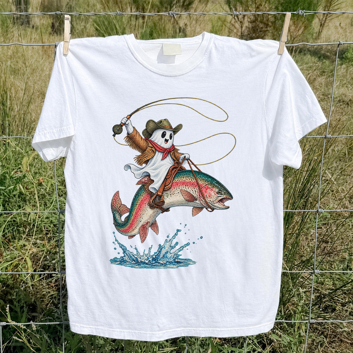 Ghost Cowboy Riding a Rainbow Trout Halloween Fishing T-Shirt