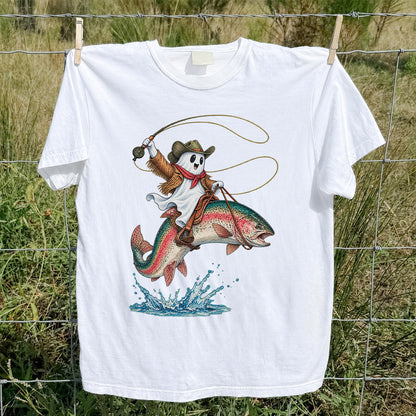 Ghost Cowboy Riding a Rainbow Trout Halloween Fishing T-Shirt