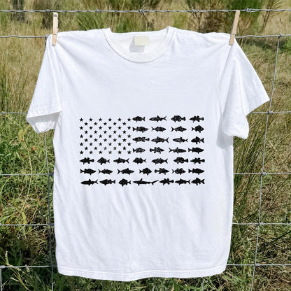 American Flag Made of Fish Silhouettes Fishing Graphic T-Shirt